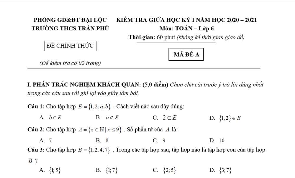 Toán 6: Đề kiểm tra giữa học kì 1. Trường THCS Trần Phú năm học 2020-2021